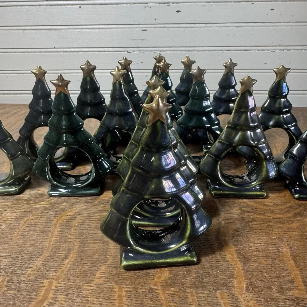 Lot of 17 Ceramic Christmas Tree Napkin Rings Green Gold Star Holiday Decor